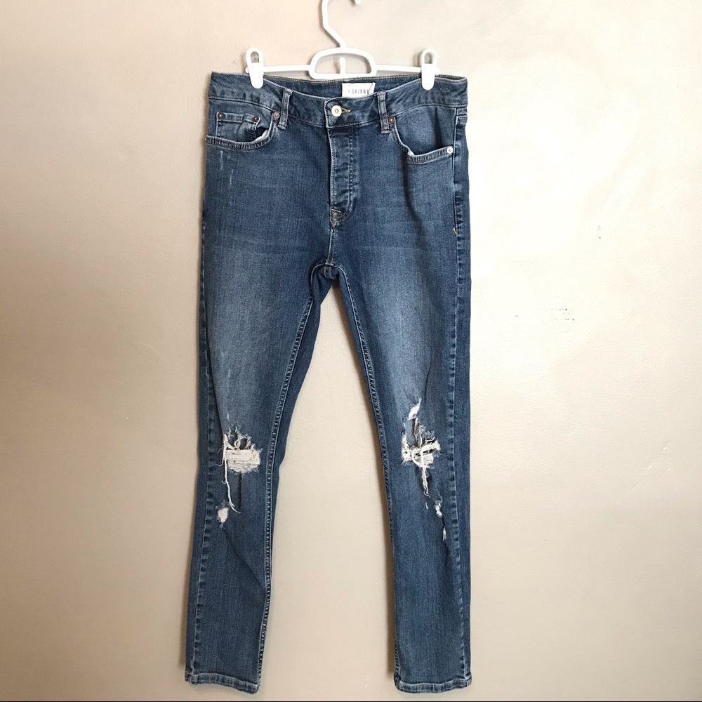 Topman stretch skinny distressed button fly jean